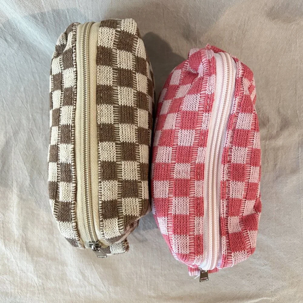 Brand New Set of 2 Small Checkered Fabric Pouch (Pink + Brown)